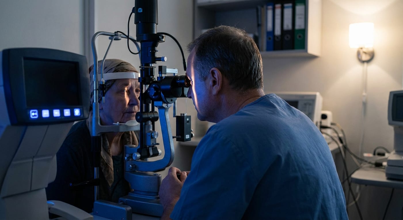 Ophthalmologist examining a patient at a slit lamp in a darkened room.