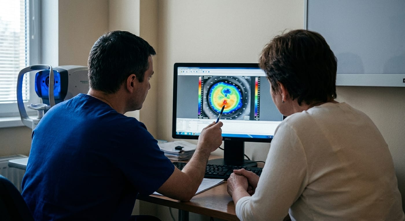 Clinician and patient looking together at a corneal topography scan, both seen from behind.