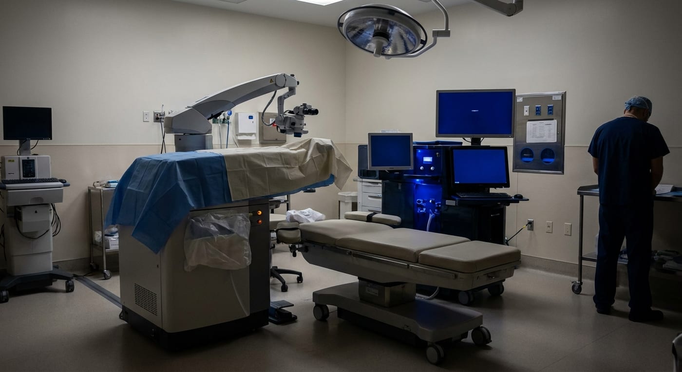 Ophthalmic operating room with a femtosecond laser platform, empty and prepared.