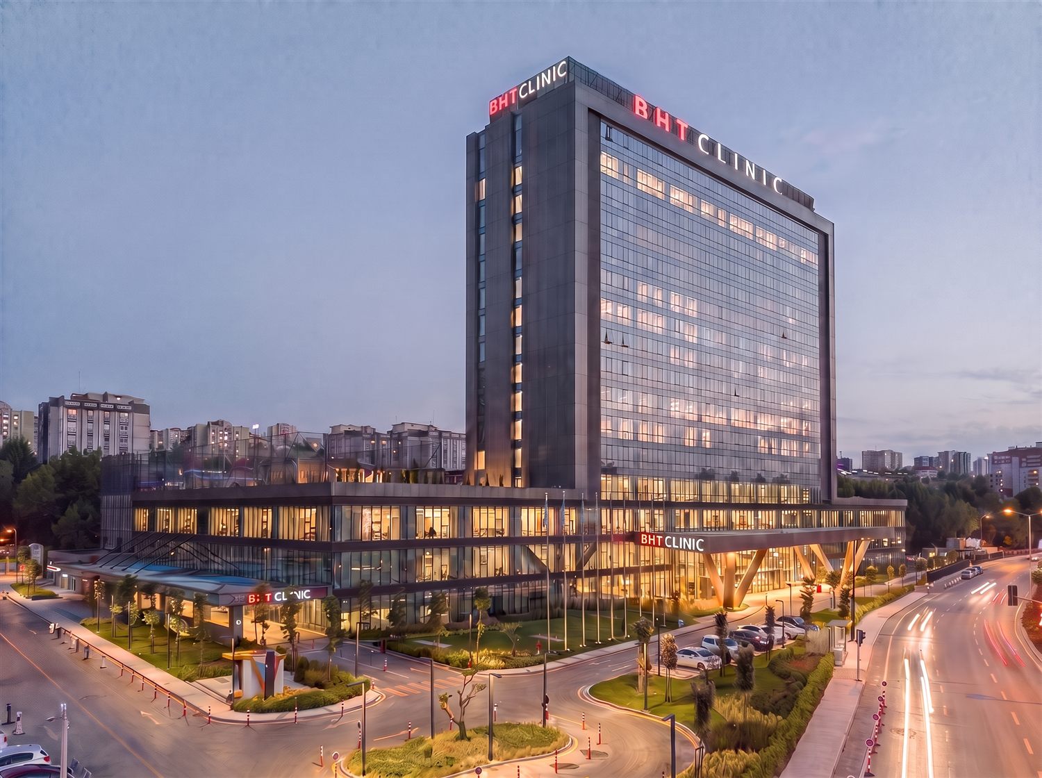 BHT Clinic façade at dusk, Istanbul